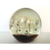 SPHERICAL GLASS PAPERWEIGHT: GREAT GOLDEN AND FLUORESCENT WHITE FLOWERS AND BUBBLES RISING FROM THE BROWN BOTTOM
