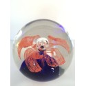 SPHERICAL GLASS PAPERWEIGHT WITH ORANGE FLOWER AND BIG BUBBLE
