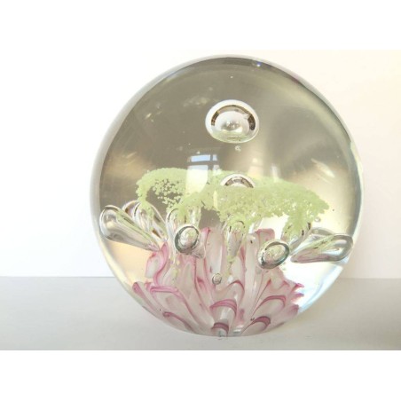 SPHERICAL GLASS PAPERWEIGHT:  PINK AND FLUORESCENT BIG FLOWER AND BUBBLES RISING FROM THE BOTTOM