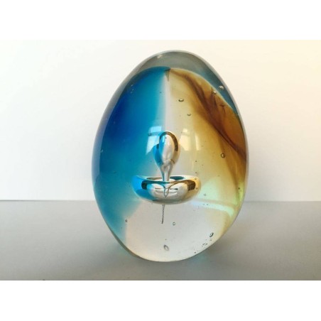 OVOID EGG GLASS PAPERWEIGHT: BLUE AND BROWN WITH TOROIDAL VORTEX AND A BUBBLE RISING FROM THE BOTTOM