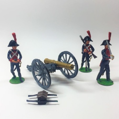 SPANISH ARTILLERY NAPOLEONIC WARS: 3 LEAD SOLDIERS AND CANNON. ALYMER YEARS 70