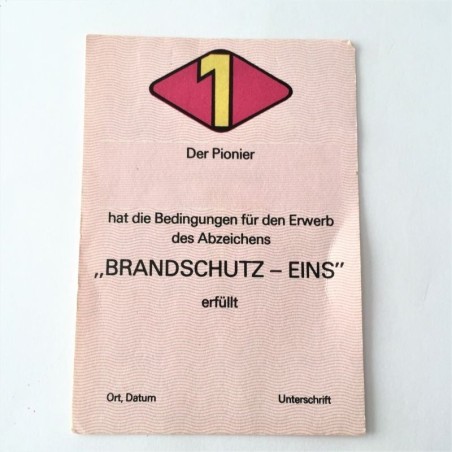 DDR URKUNDE "BRANDSCHUTZ - EINS" (CERTIFICADO "PROTECCIÓN CONTRA INCENDIOS - 1") AL PIONERO (DDR-U03)