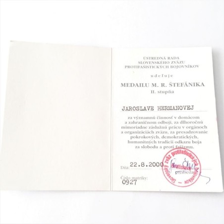CZECHOSLOVAKIAN DOCUMENT OF THE MEDAL M. R. STEFÁNIKA, 2nd. CLASS (CSSR DOC)