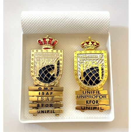 SPANISH ARMED FORCES BADGES OF MERIT FOR PEACEKEEPING OPERATIONS. 2 BADGES & CASE (E-106)